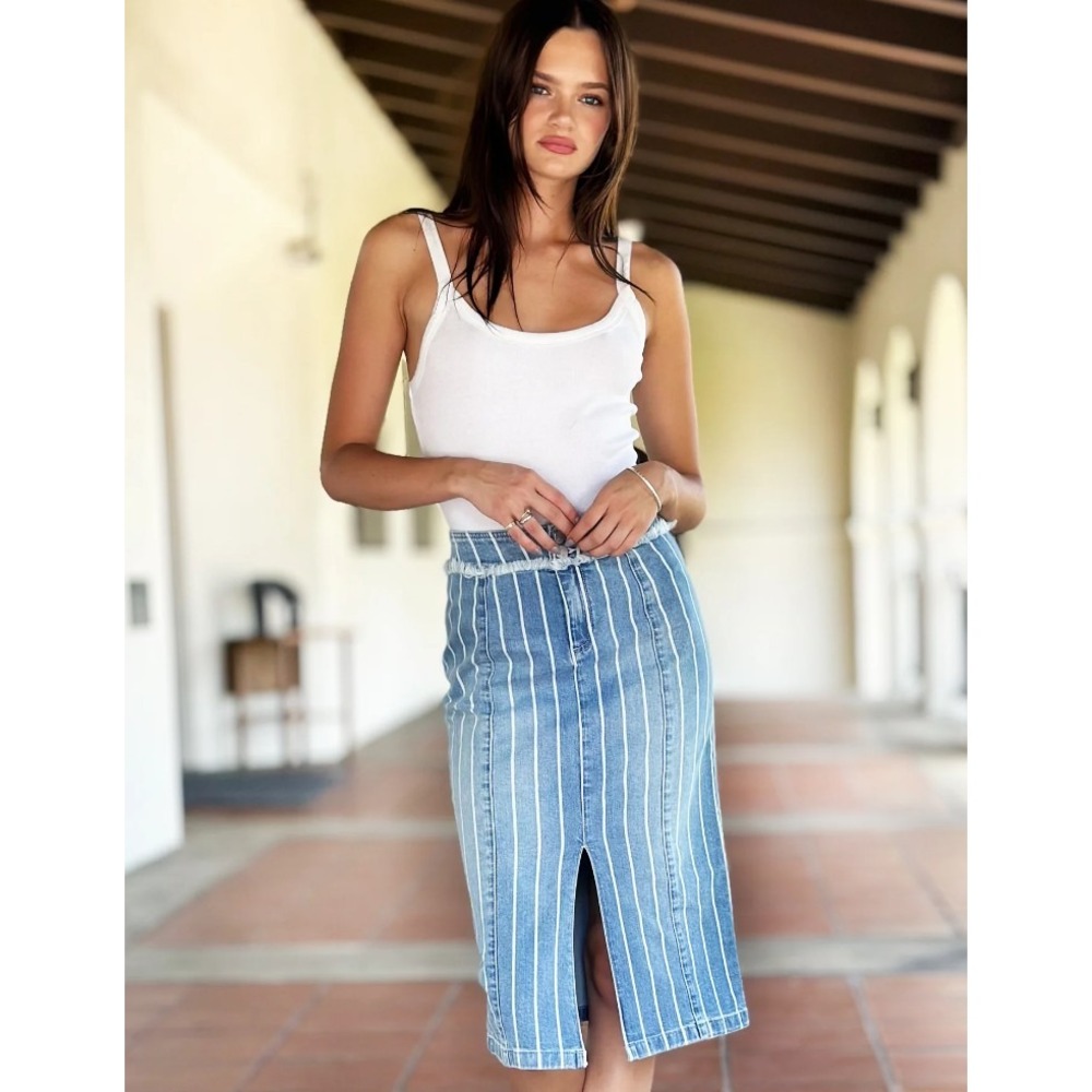 NWT Wash Lab Sally Classic Stripes Midi Skirt Women's 27 Striped Denim